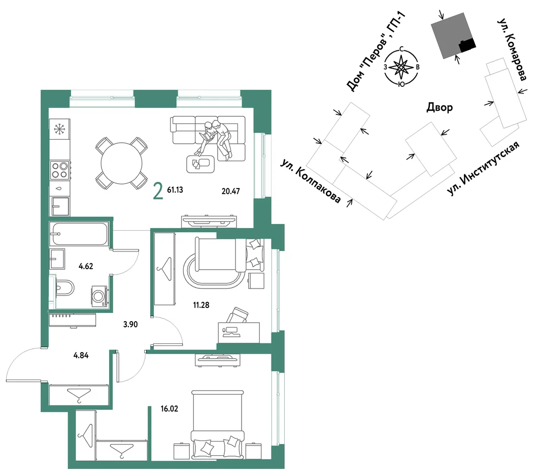 Планировка 2-комн. квартира, 61.13 м² ЖК «Страна.Парковая»