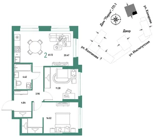 Планировка 2-комн. квартира, 61.13 м² ЖК «Страна.Парковая»