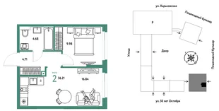 Планировка 2-комн. квартира, 36.21 м² ЖК «Сердце Сибири»