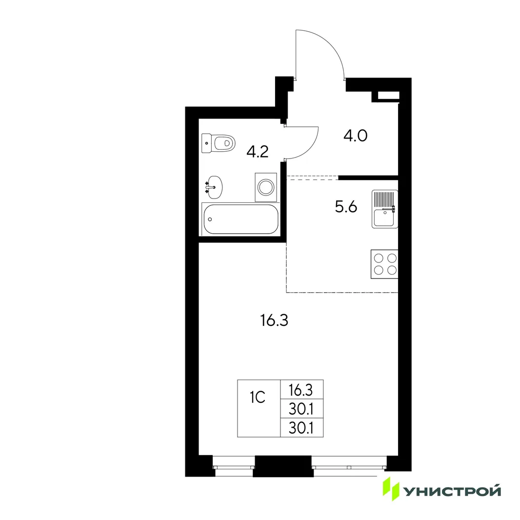 Планировка 1-комн. квартира, 30.1 м² ЖК «Стадиум»