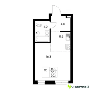 Планировка 1-комн. квартира, 30.1 м² ЖК «Стадиум»