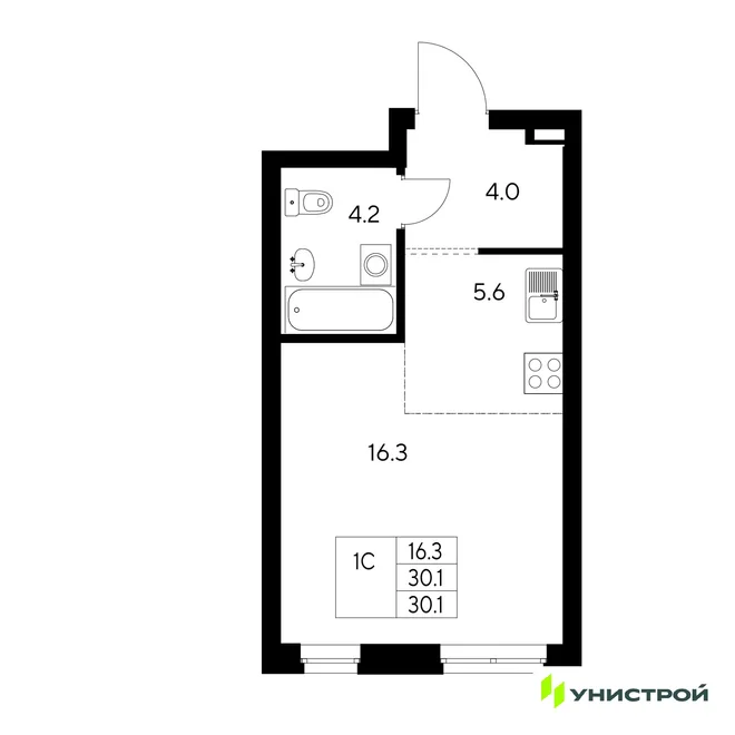 Планировка 1-комн. квартира, 30.1 м² ЖК «Стадиум»