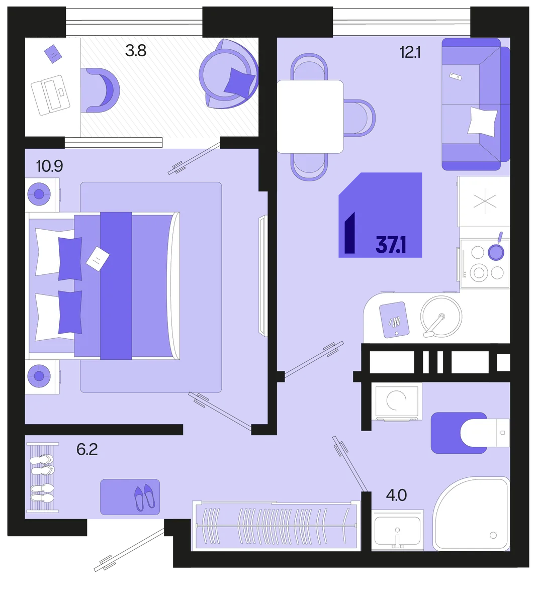 Планировка 1-комн. квартира, 37.1 м² ЖК «Первое место»