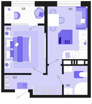 Планировка 1-комн. квартира, 37.1 м² ЖК «Первое место»