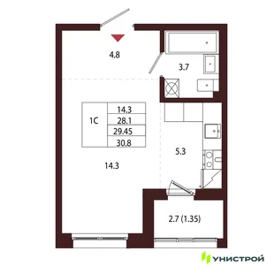Планировка 1-комн. квартира, 29.45 м² ЖК «Лисино»