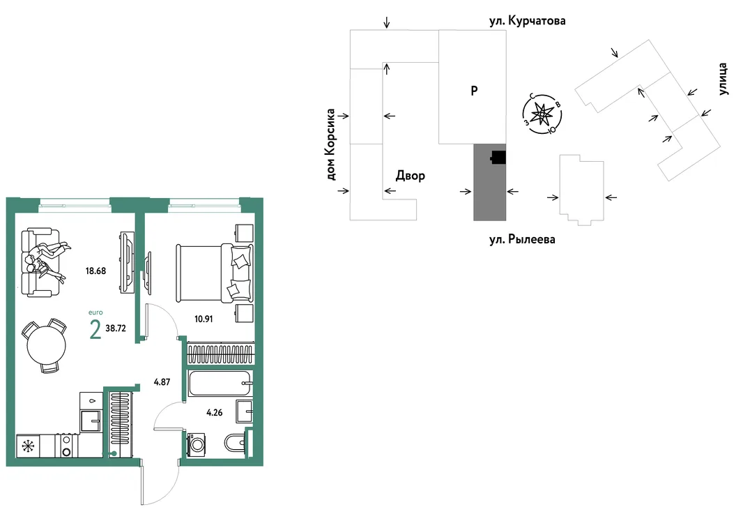 Планировка 2-комн. квартира, 38.68 м² ЖК «Остров-сад»