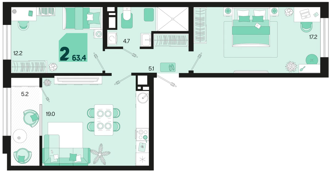 Планировка 2-комн. квартира, 63.4 м² ЖК «Первое место»