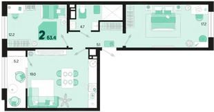 Планировка 2-комн. квартира, 63.4 м² ЖК «Первое место»