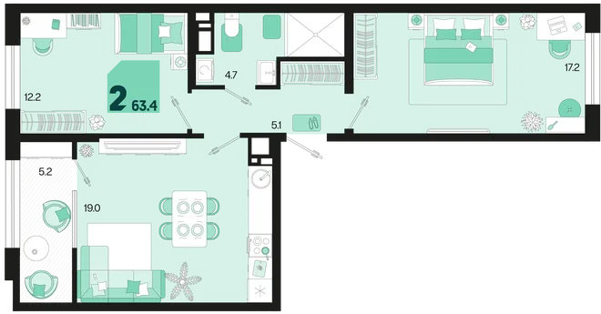 Планировка 2-комн. квартира, 63.4 м² ЖК «Первое место» Планировка 2-комн. квартира, 63.4 м² ЖК «Первое место»