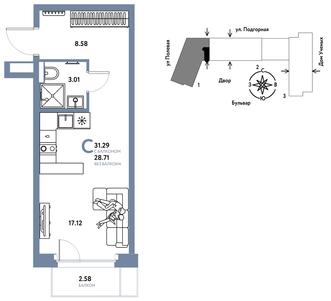 Планировка Студия, 31.34 м² ЖК «Авторский»