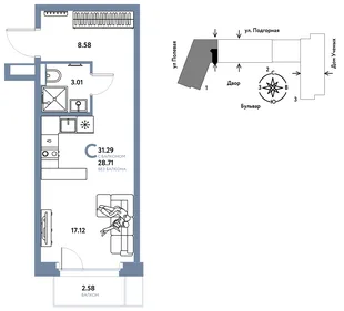 Планировка Студия, 31.34 м² ЖК «Авторский»