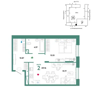 Планировка 2-комн. квартира, 49.16 м² ЖК «Юнион»