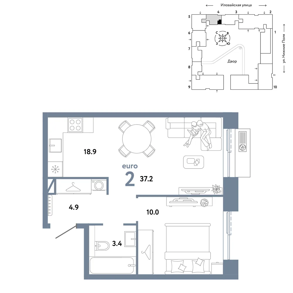 Планировка 2-комн. квартира, 37.2 м² ЖК «Страна.Заречная»