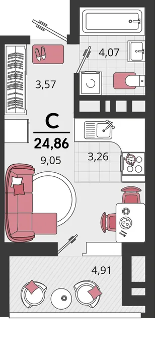 Планировка 1-комн. квартира, 24.86 м² ЖК «Родные просторы»