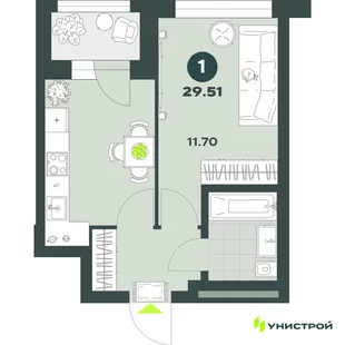 Планировка 1-комн. квартира, 29.51 м² ЖК «Уникод На Залесной»