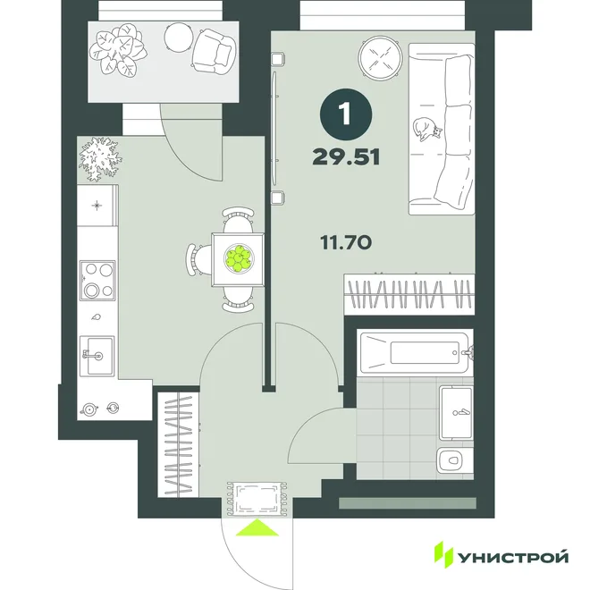 Планировка 1-комн. квартира, 29.51 м² ЖК «Уникод На Залесной» Планировка 1-комн. квартира, 29.51 м² ЖК «Уникод На Залесной»
