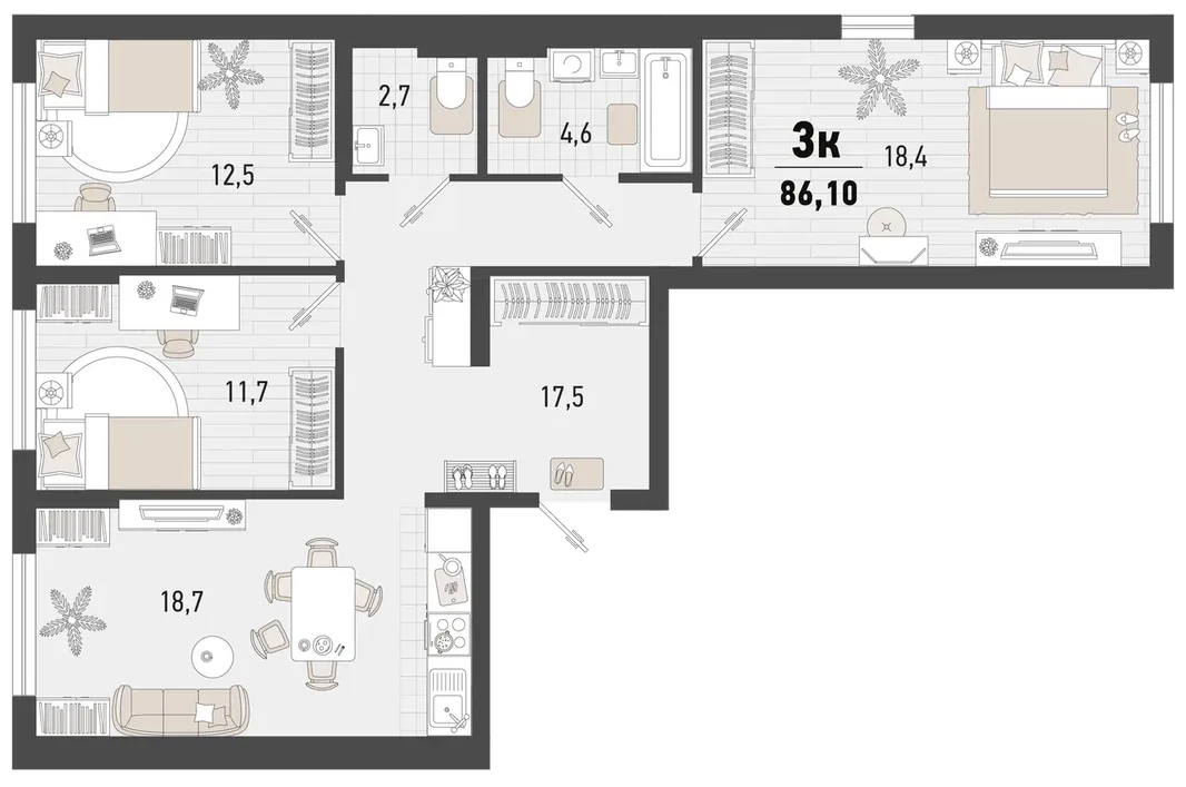 Планировка 3-комн. квартира, 86.1 м² ЖК «Барса»