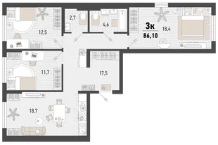 Планировка 3-комн. квартира, 86.1 м² ЖК «Барса»