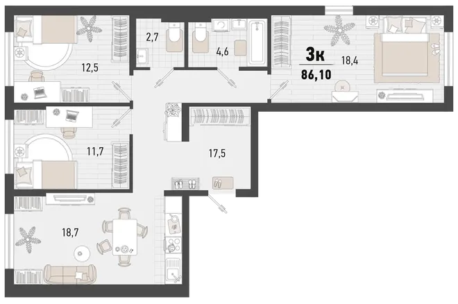 Планировка 3-комн. квартира, 86.1 м² ЖК «Барса»