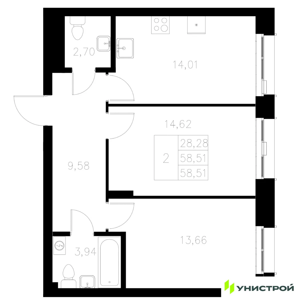 Планировка 2-комн. квартира, 58.51 м² ЖК «Statum»