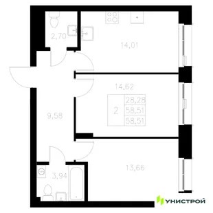 Планировка 2-комн. квартира, 58.51 м² ЖК «Statum»