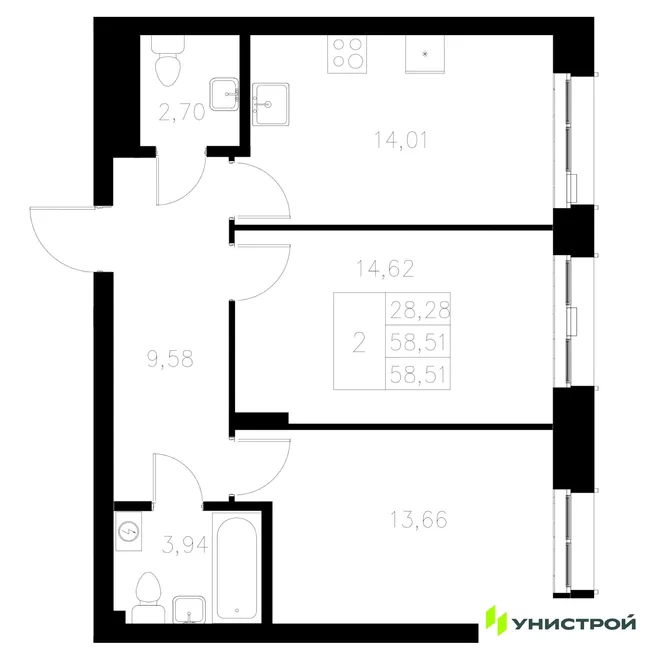 Планировка 2-комн. квартира, 58.51 м² ЖК «Statum» Планировка 2-комн. квартира, 58.51 м² ЖК «Statum»