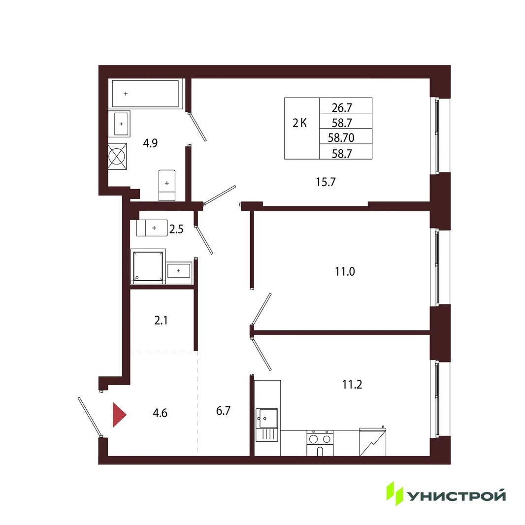 Планировка 2-комн. квартира, 58.7 м² ЖК «Лисино»