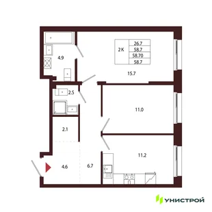 Планировка 2-комн. квартира, 58.7 м² ЖК «Лисино»