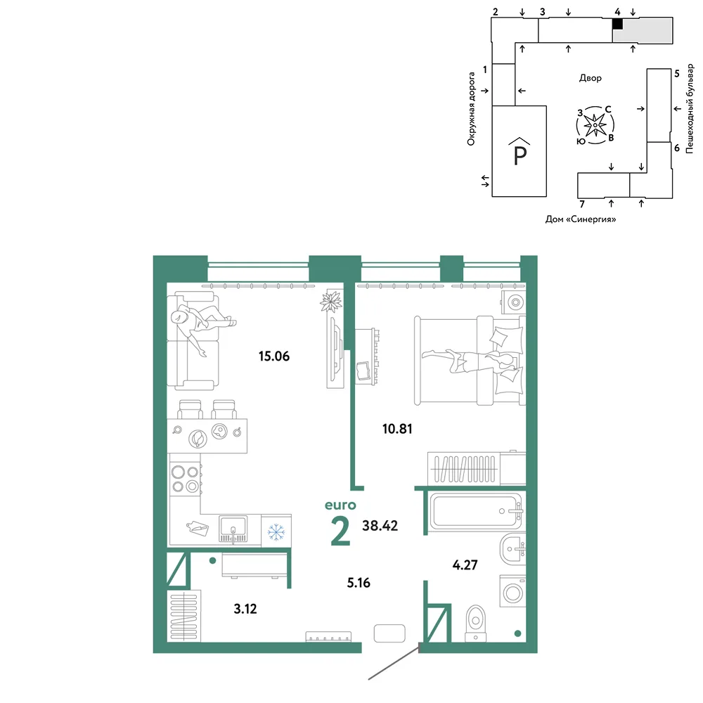 Планировка 2-комн. квартира, 38.42 м² ЖК «Юнион»