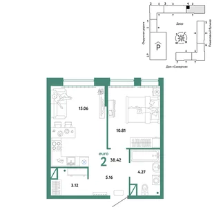 Планировка 2-комн. квартира, 38.42 м² ЖК «Юнион»