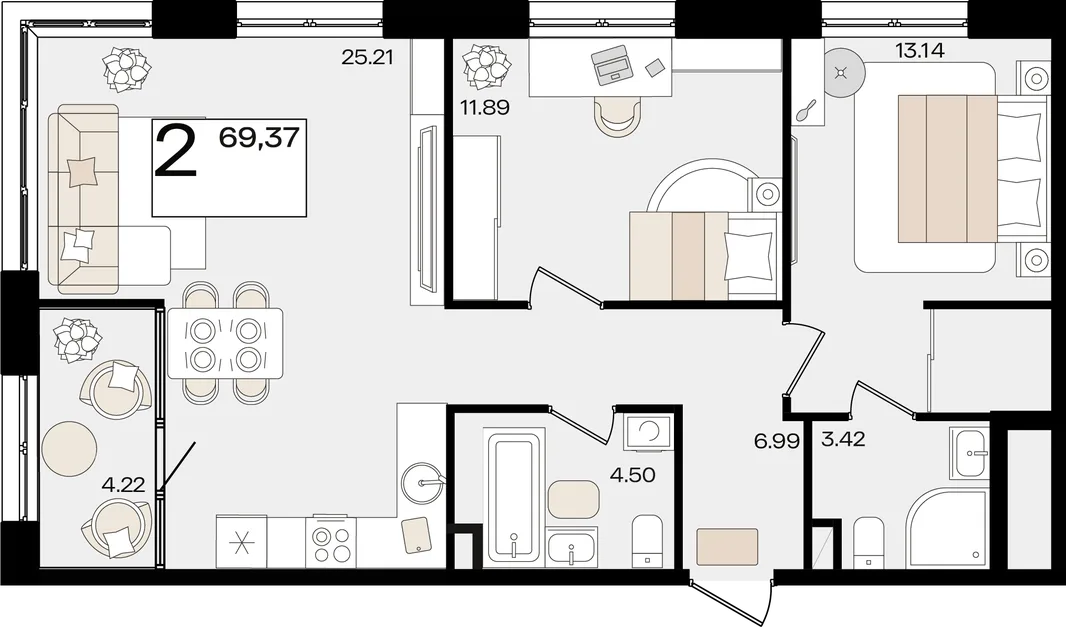 Планировка 2-комн. квартира, 68.43 м² ЖК «Патрики»