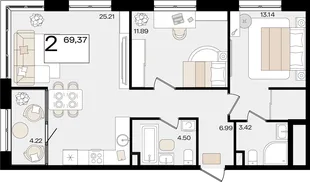 Планировка 2-комн. квартира, 68.43 м² ЖК «Патрики»