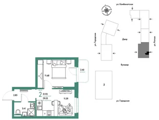 Планировка 2-комн. квартира, 31.93 м² ЖК «Уральский сад»