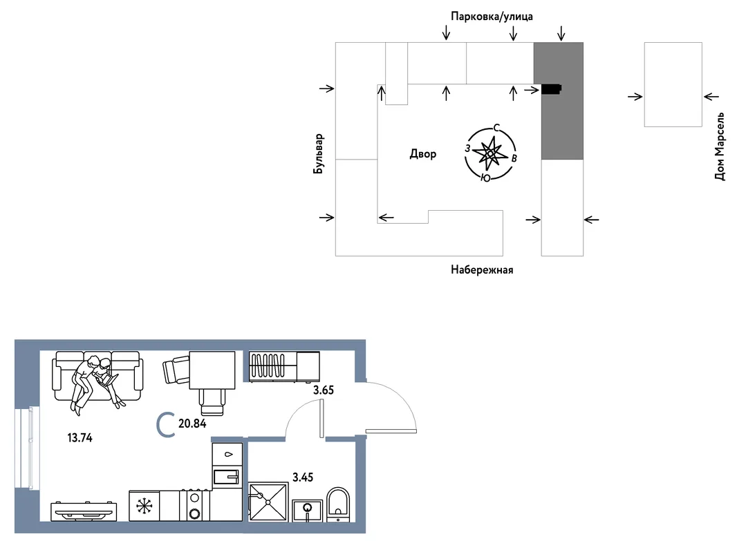 Планировка Студия, 20.84 м² ЖК «Европейский берег 2.0»