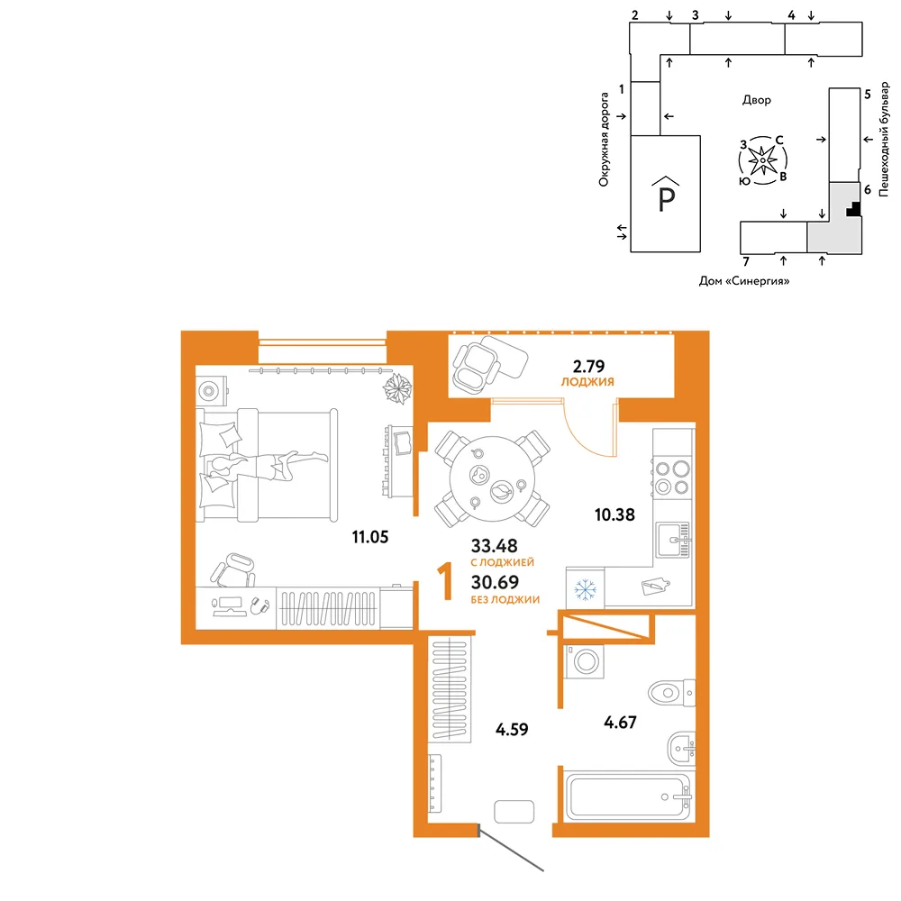 Планировка 1-комн. квартира, 33.48 м² ЖК «Юнион»