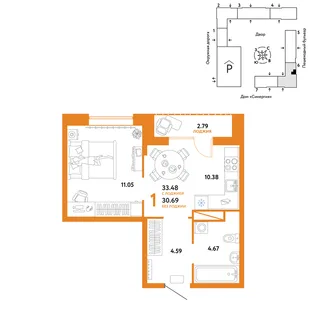 Планировка 1-комн. квартира, 33.48 м² ЖК «Юнион»