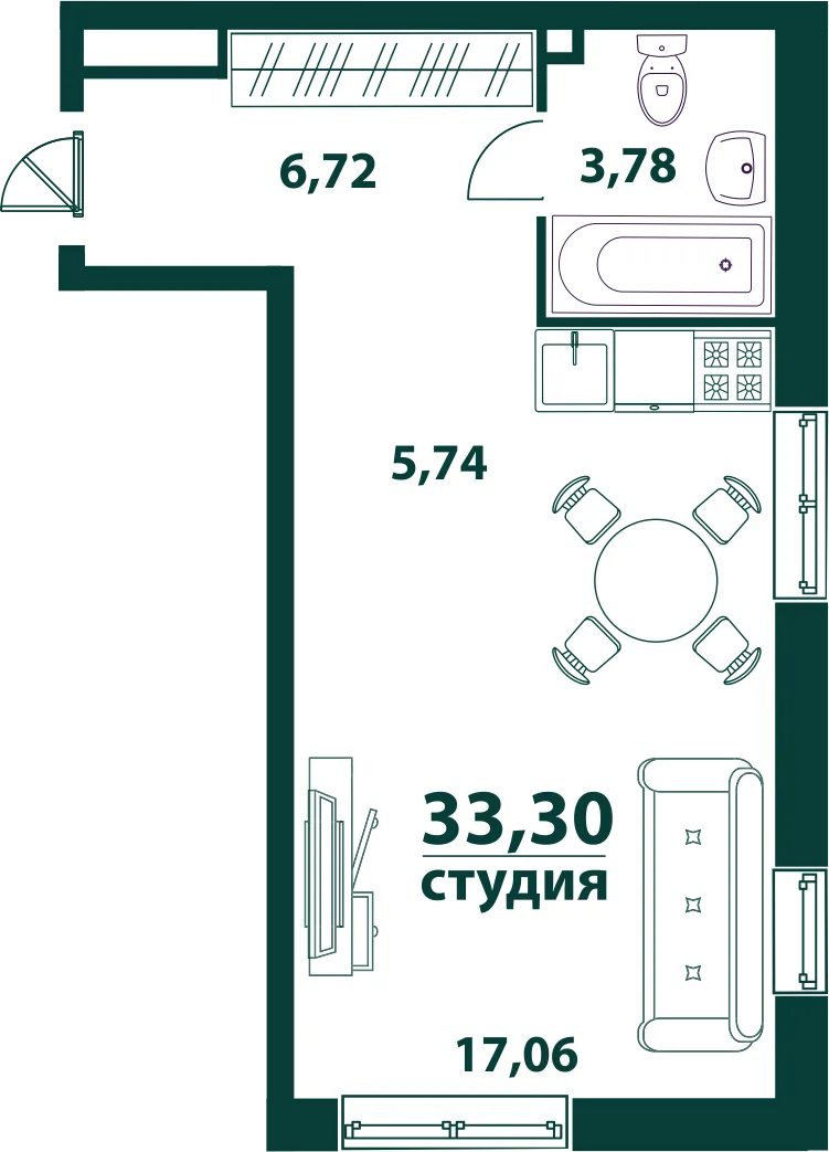 Планировка Студия, 33.3 м² ЖК «Аквамарин 2»