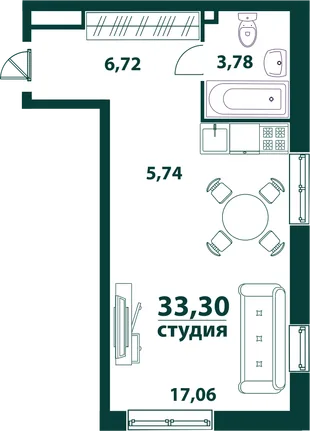 Планировка Студия, 33.3 м² ЖК «Аквамарин 2»
