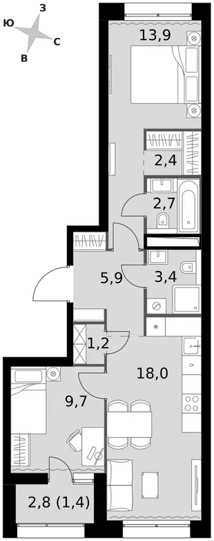Квартира 2-комн. квартира, 58.6 м² ЖК «Sky Garden» Фото 1