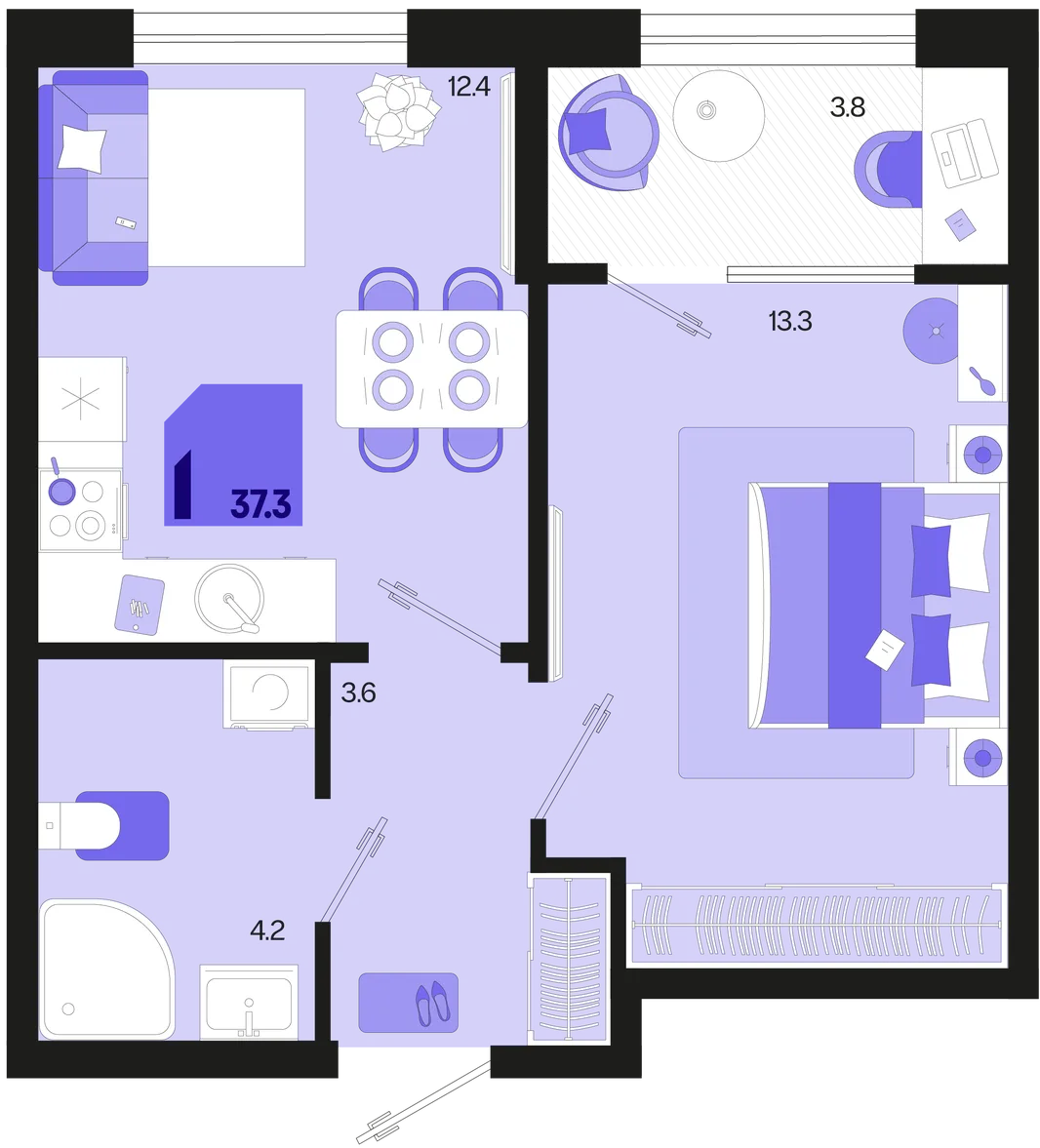 Планировка 1-комн. квартира, 37.3 м² ЖК «Первое место»