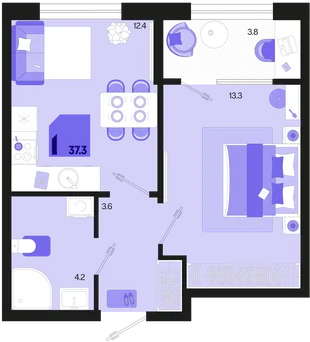 Планировка 1-комн. квартира, 37.3 м² ЖК «Первое место»