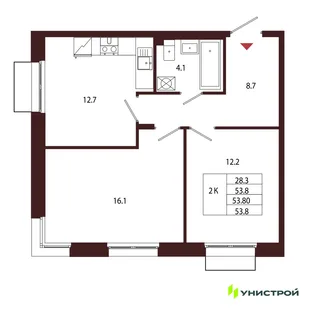Планировка 2-комн. квартира, 53.8 м² ЖК «Лисино»