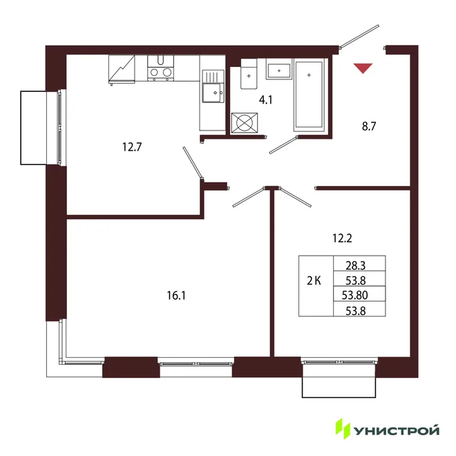 Планировка 2-комн. квартира, 53.8 м² ЖК «Лисино» Планировка 2-комн. квартира, 53.8 м² ЖК «Лисино»