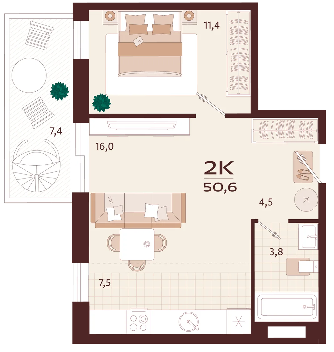 Планировка 2-комн. квартира, 50.6 м² ЖК «Роялта»