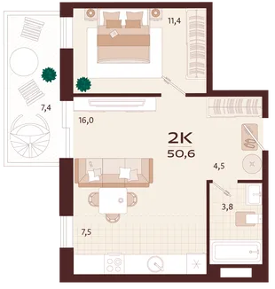 Планировка 2-комн. квартира, 50.6 м² ЖК «Роялта»