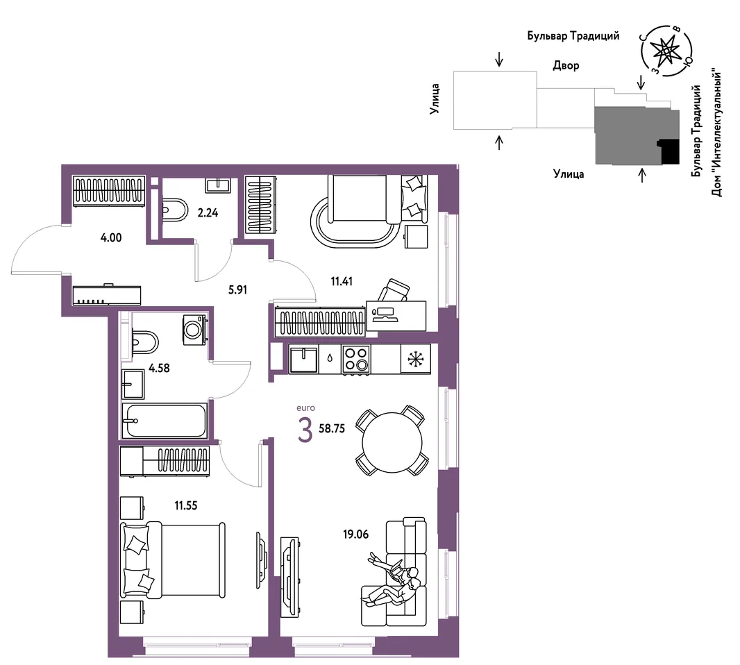 Планировка 3-комн. квартира, 58.75 м² ЖК «Микрорайон Домашний»
