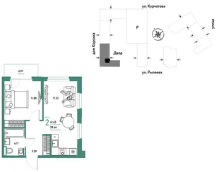 Планировка 2-комн. квартира, 41.63 м² ЖК «Остров-сад»