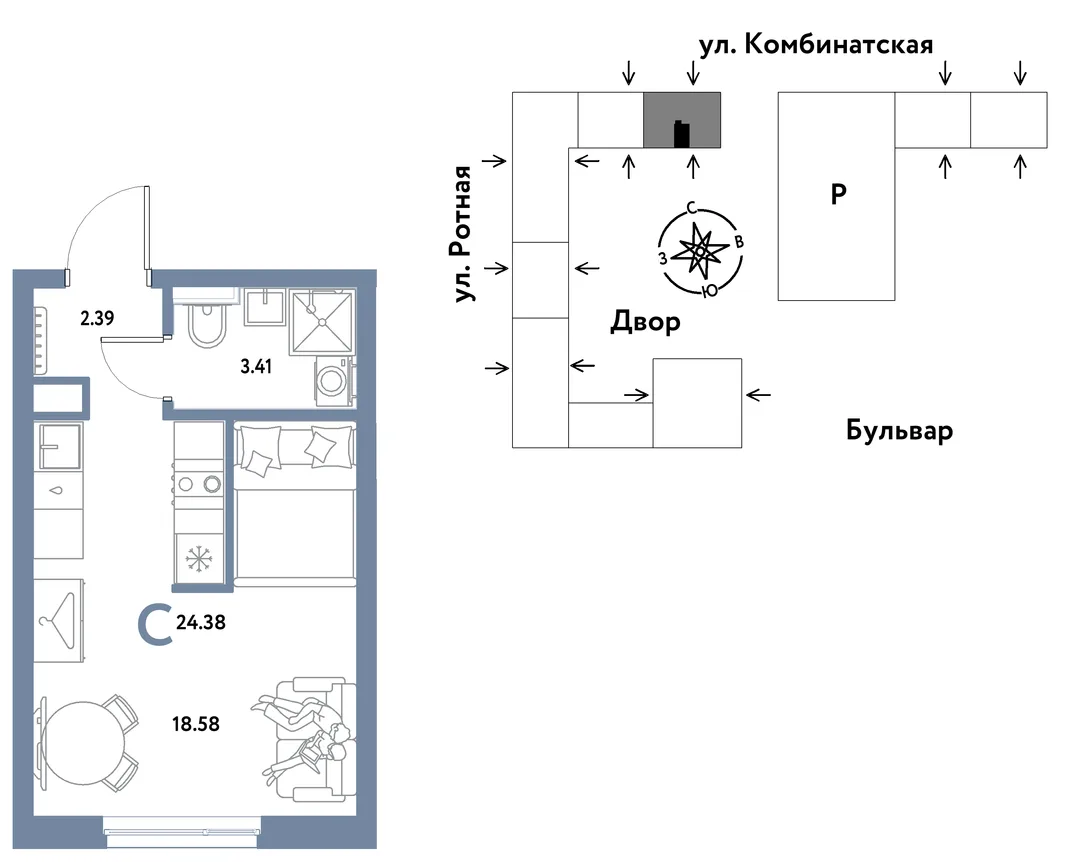 Планировка Студия, 24.15 м² ЖК «Уральский сад»