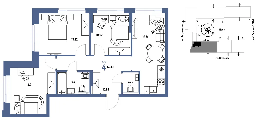 Планировка 4-комн. квартира, 69.81 м² ЖК «Страна.Энтузиастов»