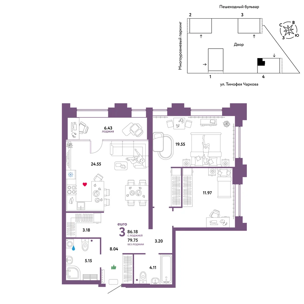 Планировка 3-комн. квартира, 86.18 м² ЖК «Микрорайон Звездный»